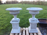 STONE GARDEN VICTORIAN STYLE PAIR OF URNS ON PLINTHS PLANTERS