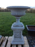 STONE GARDEN VICTORIAN STYLE PAIR OF URNS ON PLINTHS PLANTERS