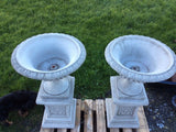 STONE GARDEN VICTORIAN STYLE PAIR OF URNS ON PLINTHS PLANTERS