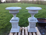 STONE GARDEN VICTORIAN STYLE PAIR OF URNS ON PLINTHS PLANTERS