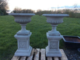 STONE GARDEN VICTORIAN STYLE PAIR OF URNS ON PLINTHS PLANTERS