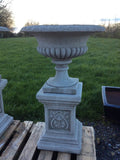 STONE GARDEN VICTORIAN STYLE PAIR OF URNS ON PLINTHS PLANTERS