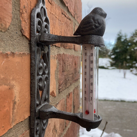 CAST IRON METAL BIRD WALL THERMOMETER ORNAMENT