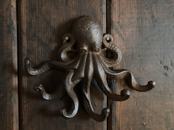 BROWN CAST IRON METAL OCTOPUS HOOK