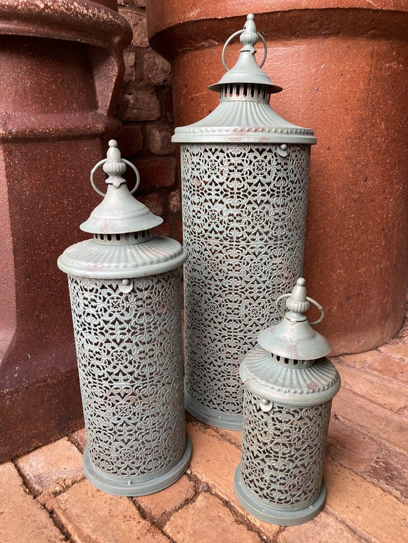 SET OF 3 MOROCCAN STYLE BLUE HANGING LANTERNS