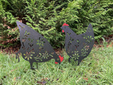 PAIR OF BLACK PAINTED METAL CHICKEN SILHOUETTE GARDEN STAKES