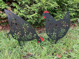 PAIR OF BLACK PAINTED METAL CHICKEN SILHOUETTE GARDEN STAKES