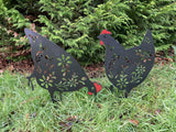 PAIR OF BLACK PAINTED METAL CHICKEN SILHOUETTE GARDEN STAKES