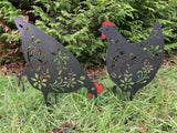 PAIR OF BLACK PAINTED METAL CHICKEN SILHOUETTE GARDEN STAKES