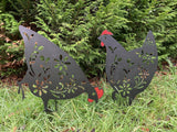 PAIR OF BLACK PAINTED METAL CHICKEN SILHOUETTE GARDEN STAKES