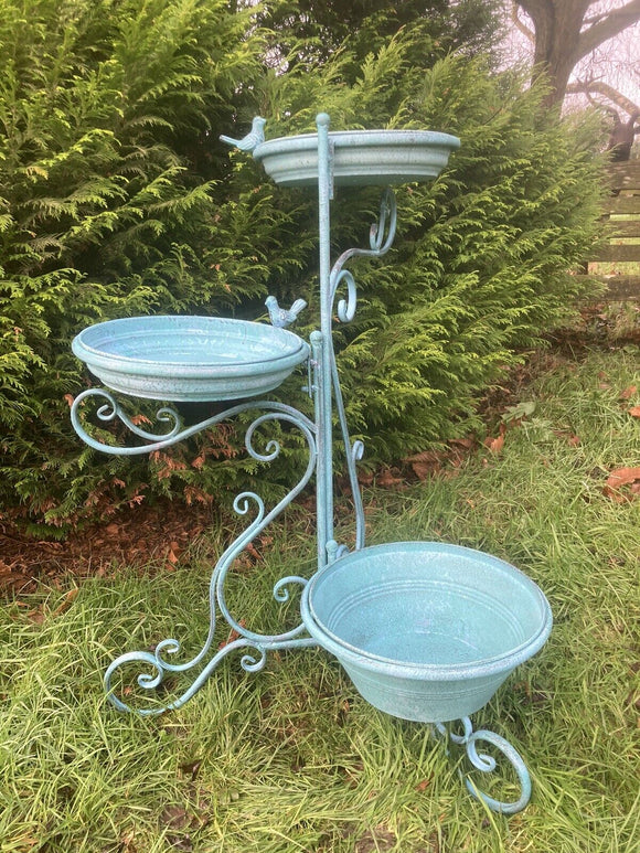 LARGE BLUE METAL TRIPLE BIRD FEEDER / BATH GARDEN ORNAMENT
