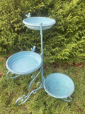 LARGE BLUE METAL TRIPLE BIRD FEEDER / BATH GARDEN ORNAMENT
