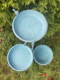 LARGE BLUE METAL TRIPLE BIRD FEEDER / BATH GARDEN ORNAMENT