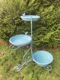 LARGE BLUE METAL TRIPLE BIRD FEEDER / BATH GARDEN ORNAMENT