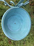 LARGE BLUE METAL TRIPLE BIRD FEEDER / BATH GARDEN ORNAMENT