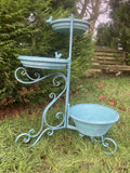 LARGE BLUE METAL TRIPLE BIRD FEEDER / BATH GARDEN ORNAMENT