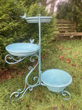 LARGE BLUE METAL TRIPLE BIRD FEEDER / BATH GARDEN ORNAMENT