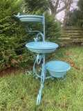 LARGE BLUE METAL TRIPLE BIRD FEEDER / BATH GARDEN ORNAMENT