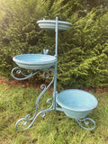 LARGE BLUE METAL TRIPLE BIRD FEEDER / BATH GARDEN ORNAMENT
