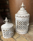 SET OF 2 FILIGREE WHITE METAL HANGING LANTERNS