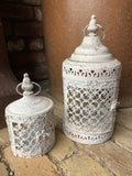SET OF 2 FILIGREE WHITE METAL HANGING LANTERNS