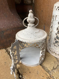 SET OF 2 FILIGREE WHITE METAL HANGING LANTERNS