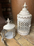 SET OF 2 FILIGREE WHITE METAL HANGING LANTERNS