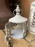 SET OF 2 FILIGREE WHITE METAL HANGING LANTERNS