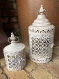 SET OF 2 FILIGREE WHITE METAL HANGING LANTERNS