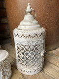 SET OF 2 FILIGREE WHITE METAL HANGING LANTERNS