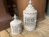 SET OF 2 FILIGREE WHITE METAL HANGING LANTERNS