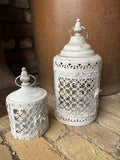 SET OF 2 FILIGREE WHITE METAL HANGING LANTERNS