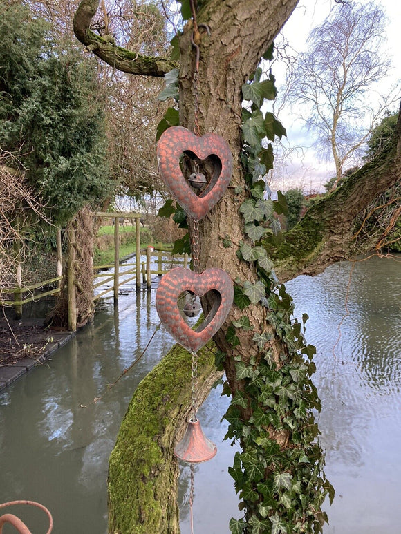 METAL HANGING HEART WIND CHIME BELL CHAIN GARDEN ORNAMENT DECOR