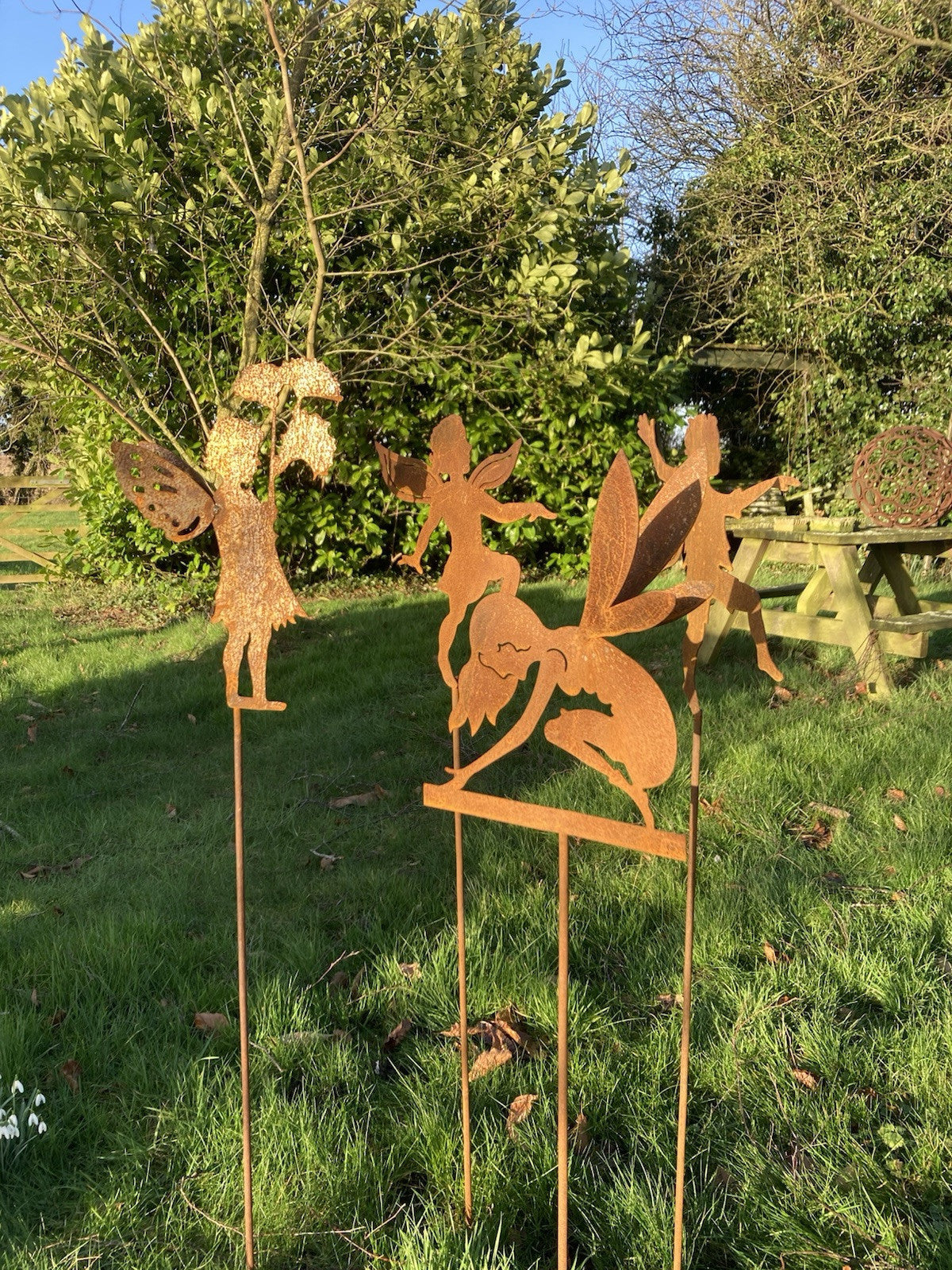 SET OF 4 METAL RUSTY GARDEN FAIRY SILHOUETTE STAKES PIXIE