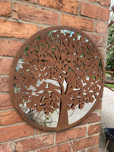 METAL ROUND BIRDS IN TREE HEART MIRROR GARDEN / INDOOR WALL DECOR ORNAMENT