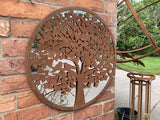 METAL ROUND BIRDS IN TREE HEART MIRROR GARDEN / INDOOR WALL DECOR ORNAMENT