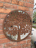 METAL ROUND BIRDS IN TREE HEART MIRROR GARDEN / INDOOR WALL DECOR ORNAMENT