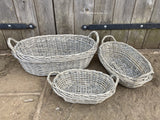 SET OF 3 BRAND NEW WICKER HANDLED OVAL BASKETS - INDOOR / GARDEN PLANTERS