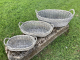 SET OF 3 BRAND NEW WICKER HANDLED OVAL BASKETS - INDOOR / GARDEN PLANTERS