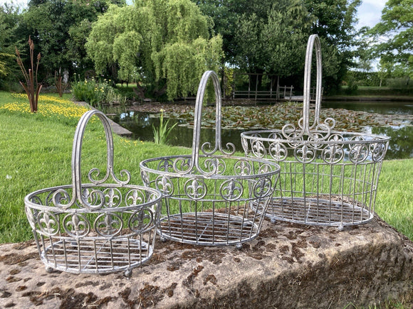 SET OF 3 GREY METAL FLEUR-DE-LYS OVAL GARDEN BASKET PLANTERS