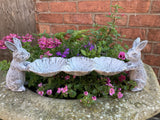 SMALL METAL CAST IRON RABBITS & FLOWERS BIRD FEEDER GARDEN ORNAMENT