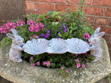 SMALL METAL CAST IRON RABBITS & FLOWERS BIRD FEEDER GARDEN ORNAMENT