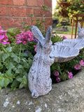 SMALL METAL CAST IRON RABBITS & FLOWERS BIRD FEEDER GARDEN ORNAMENT