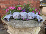 SMALL METAL CAST IRON RABBITS & FLOWERS BIRD FEEDER GARDEN ORNAMENT