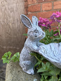 SMALL METAL CAST IRON RABBITS & FLOWERS BIRD FEEDER GARDEN ORNAMENT