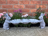 SMALL METAL CAST IRON RABBITS & FLOWERS BIRD FEEDER GARDEN ORNAMENT