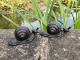 PAIR OF CAST IRON METAL SNAIL STATUE GARDEN ORNAMENTS