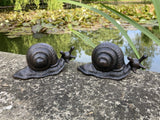 PAIR OF CAST IRON METAL SNAIL STATUE GARDEN ORNAMENTS