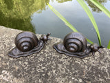 PAIR OF CAST IRON METAL SNAIL STATUE GARDEN ORNAMENTS
