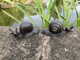 PAIR OF CAST IRON METAL SNAIL STATUE GARDEN ORNAMENTS